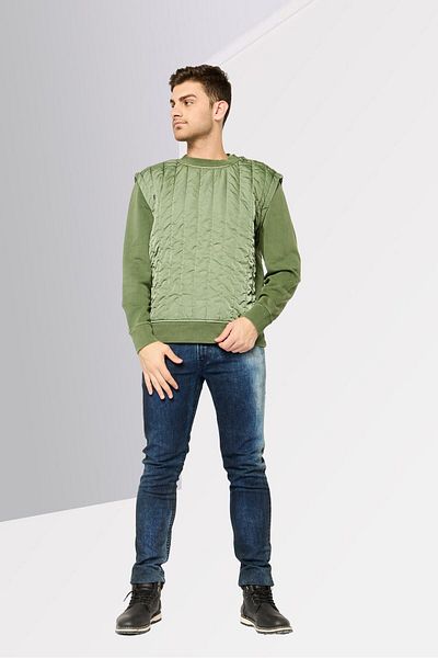 Diesel Men Crew Neck Long Sleeves Quilted Sweatshirt, Olive