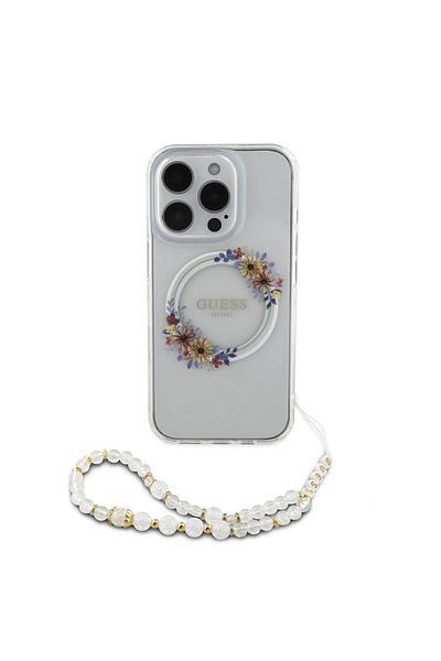 CG Mobile Guess Magsafe Iml Hard Case With Flower Wreath Design & Pearl Strap For iPhone 16