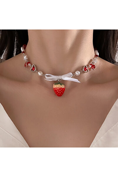 Choice White Salircon Korean Cute Red Strawberry Pendant Collar Necklace Goth...