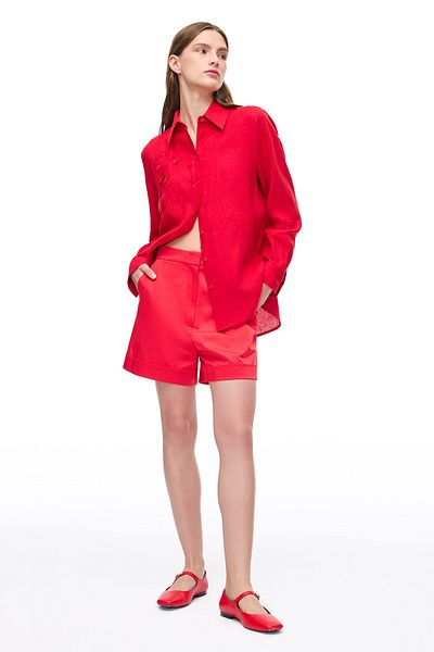 Perspective Red Flans Regular Fit High Waist Short Length Shorts