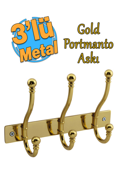 Badem10 Metal Gold 3'lü Birleşik Portmanto Vestiyer Duvar Monteli Dolap Askıl...