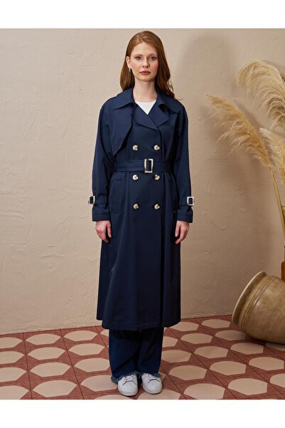 Kayra Toka Detaylı Erkek Yaka Trençkot Koyu Lacivert