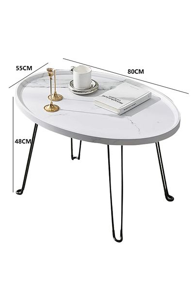 sharpdo Modern Living Room Foldable Storage Oval Coffee Table, White Marble Texture Side Table