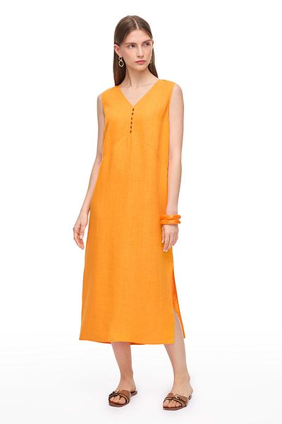 Perspective Orange Holas Regular Fit Plain Midi Length Dress