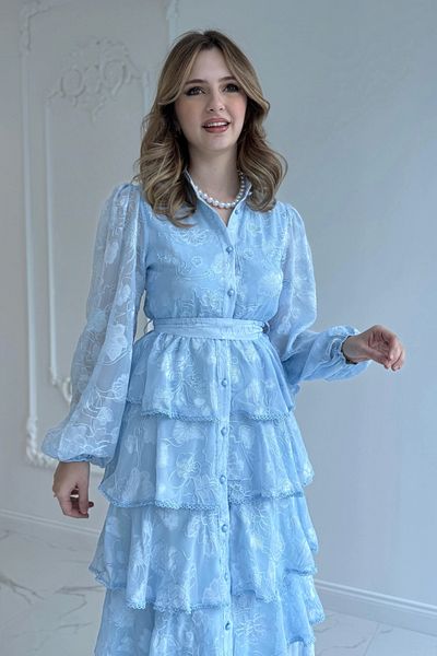 HELİS BUTİK Embroidered Layered Flounce Baby Blue Dress