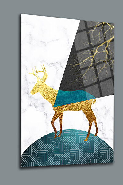 glassartdesign Pictură din sticlă cu cerb auriu Pictură modernă Pictură pentr...