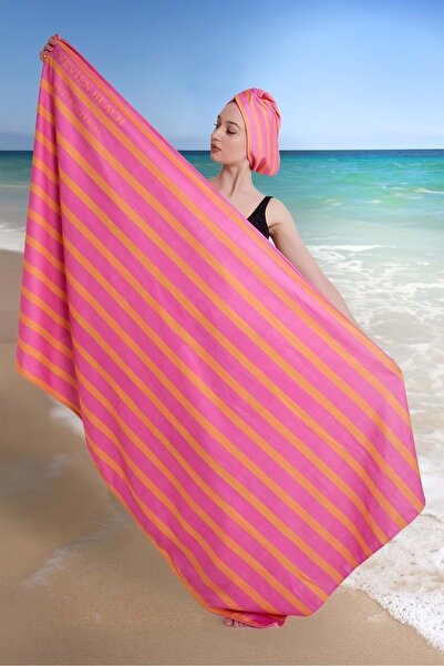 VEVİEN HOME Striped Digital Printed 100X180 cm Beach Towel (Beach Bag + Cap Gift) Orange