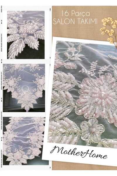 MOTHER HOME Firuze  Ağır El işi Boncuk işleme Fransız Güpürlü 16 Parça Salon ...