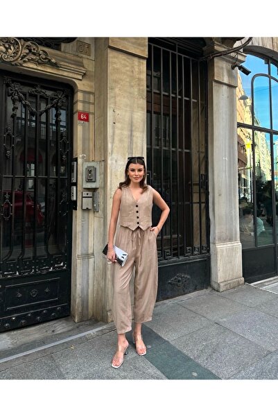 Ekim Store طقم بنطلون سترة مزدوجة بأزرار من الكتان