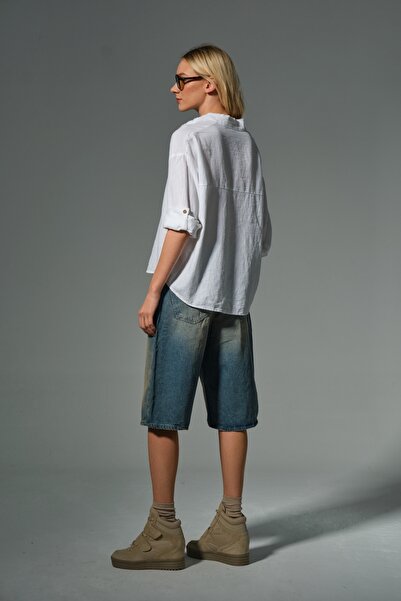 Maule Біла бавовняна сорочка з напівпаткою, брудним швом, коміром-стійкою, довгими рукавами, що складаються, для жінок #viana