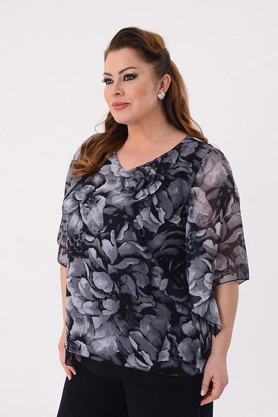 LİLAS XXL Large Size Gray Floral Chiffon Evening Dress Blouse