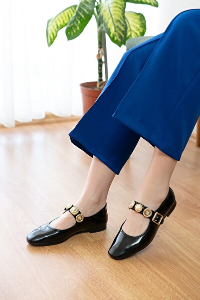 DİVOLYA Myra Black Patent Leather Bareti Accessory (1 cm Heels) Round Toe Babet