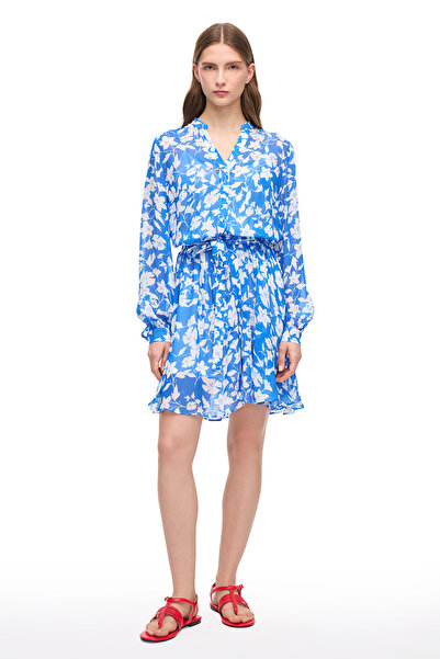 Perspective Mavi Beyaz Catos Regular Fit Çiçekli Mini Boy Elbise