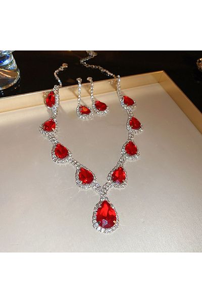 Choice Red Inlaid Red Rhinestone Necklace Earring Set For Women Light Luxury Water Drop Choker Necklace Bri