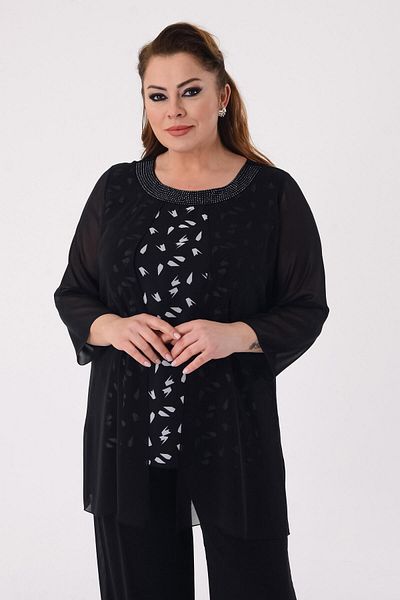LİLAS XXL Large Size Black Color Patterned Chiffon Evening Dress Blouse