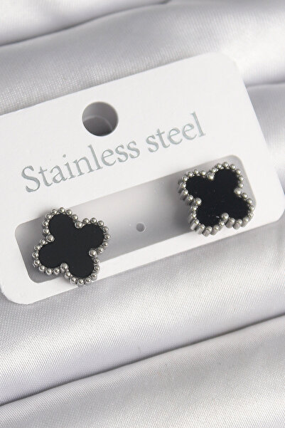 Epilons 316L Steel Silver Color Black Clover Model Women's Earrings - Tj-Bkp1...