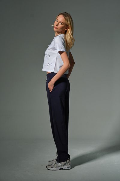 Domoda Navy Blue High Waist, Non-Stick, Drape Soft Lace-Up Elastic Carrot Women's Cupro Pants # Tavira