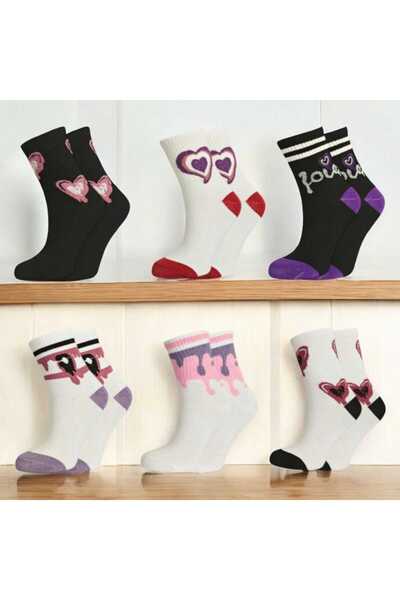 HAYEL 6 чифта безшевни дамски колежански чорапи с многоцветен мотив на любов/сърце
