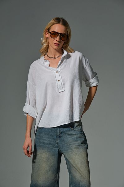 Maule Cotton Linen Half Placket Filthy Stitching Prevailing Collar Foldable Long Sleeve Women Shirt # Viana
