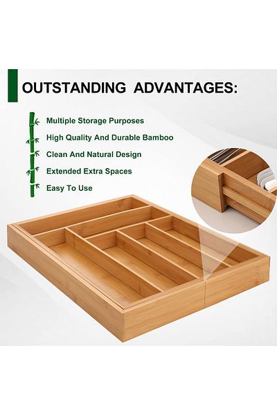 COOYA Expandable Drawer Organizer Bamboo Cutlery Holder Wooden Adjustable Table Tray for Cutlery