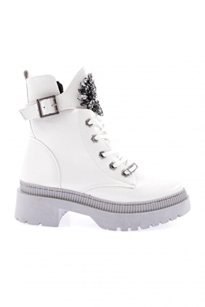 DGN Women's Crystal Stone Brooched Boots White Wrinkled Patent Leather 211014...