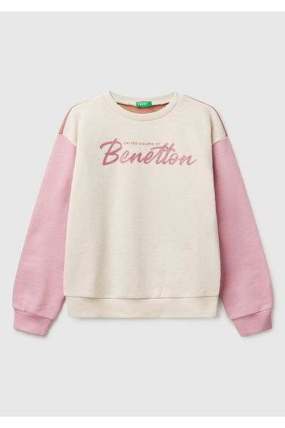 United Colors of Benetton Hanorac pentru fetiță, bej, cu sclipici, cu sigla Benetton, cu decolteu