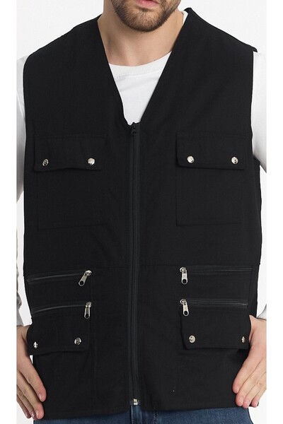 KALENDMARK ERKEK SİYAH YAZLIK PAMUK KETEN KUMAŞ ÇOK CEPLİ AVCI YELEK RAHAT KALIP