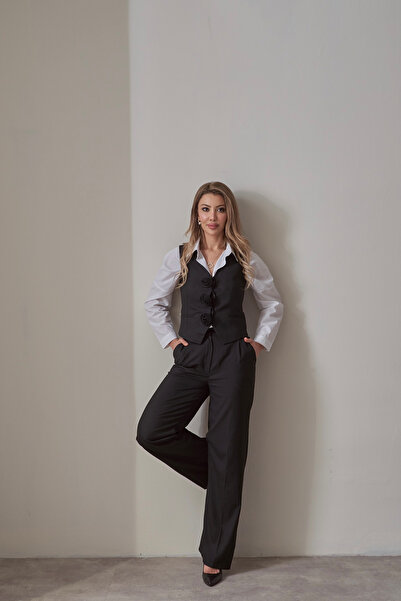 Rabia Çelik Kadın Siyah Çıkarılabilir Gül Detaylı Yüksek Bel Pantolon Yelek 2...