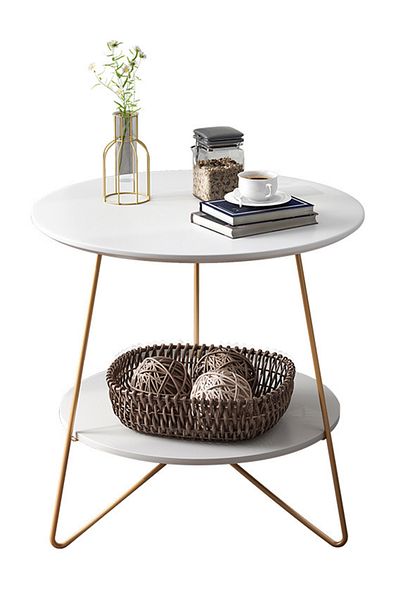 sharpdo Living Room Sofa Side Table Double Layer Small Coffee Table, Metal Frame, White Round Coffee Table