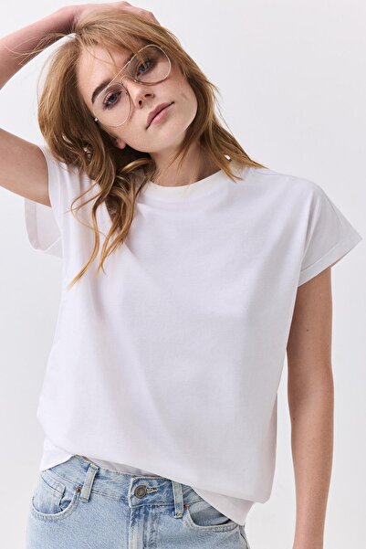Trendiz Kadın Karpuz Kol Basic Tshirt Beyaz 5011