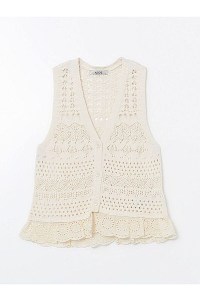 LC Waikiki Xside Beige V-Neck Openwork Women's Knitwear Vest