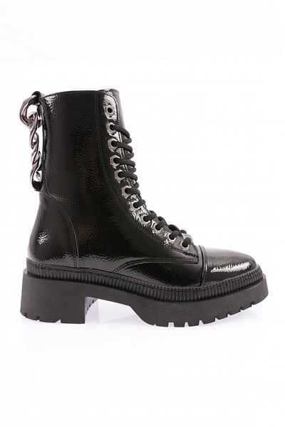 DGN Women's Thick Chain Accessory Boots Black Wrinkled Patent Leather 211012321027