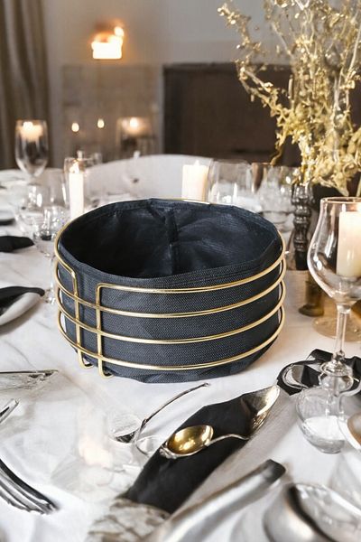 suvira Round Bread Basket Multi-Purpose Gold Stainless Basket Black Fabric