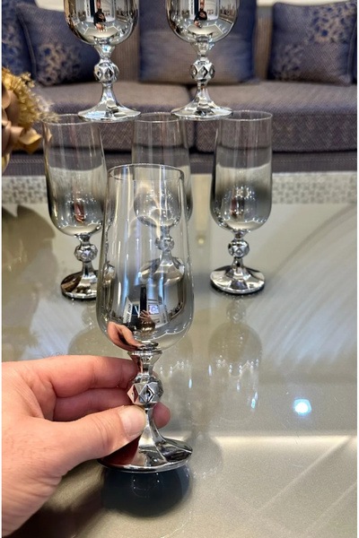 Vakıf home BOHEMIA KRİSTAL 6 Adet Titanyum Gümüş Kaplama Ayaklı Kahve Yanı Su Bardağı