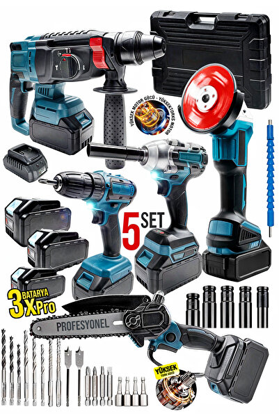 MOONSHOP Profesyonel Şarjlı Darbeli 5'li Set 2-26 Hilti 125mm Taşlama 13mm Matkap 650nm Somun Sökme Dal Budam