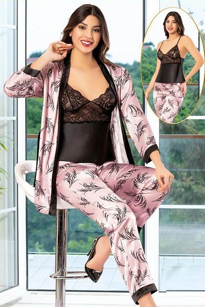 Xses 2150 Women's Satin Printed Dressing Gown Pajama Suit-Pink