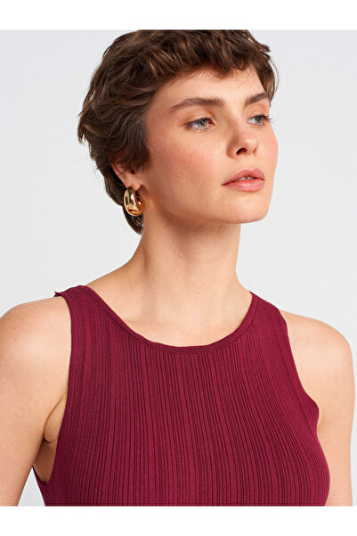 Dilvin 90247 Πλεκτό φόρεμα με λαιμόκοψη με ραβδώσεις-μπορντό