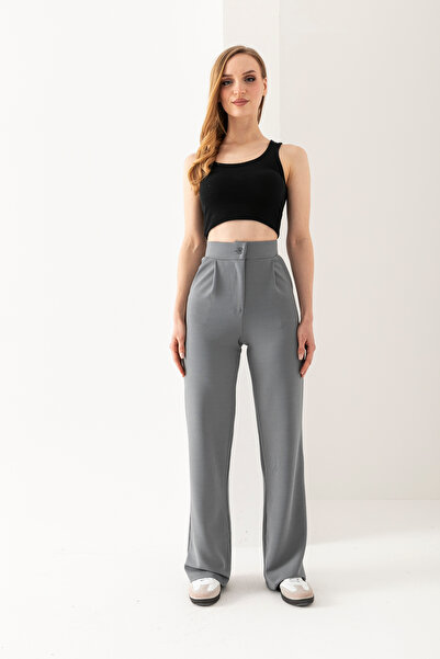 LEBRA Ženske sive pantalone sa Visok struk dugmeta Sa likrom Nabrano Palazzo ...