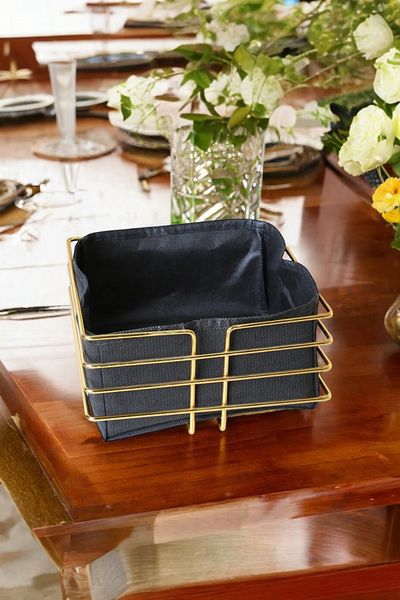 suvira Square Breadbasket Bread Basket Multi-Purpose Gold Stainless Basket Black Fabric