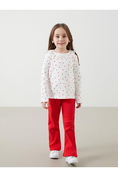 LC Waikiki Lcw Kids Ecru Crew Neck Printed Girls Blouse and Leggings Pants 2 Pcs