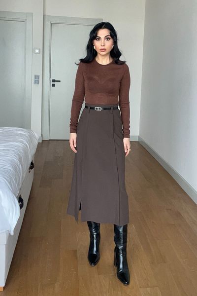 Seda Yalçın Atelier Brown Slit Black Belted Skirt
