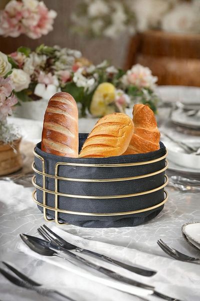 suvira Round Bread Basket Multi-Purpose Gold Stainless Basket Black Fabric