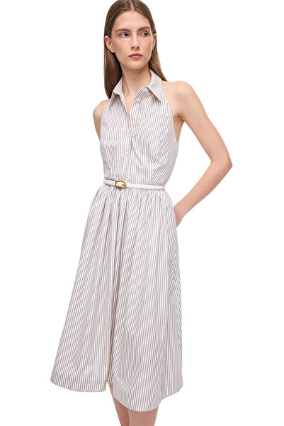 Perspective Φόρεμα με ρίγες κάτω από το γόνατο, κανονική εφαρμογή, λευκό βιζόν