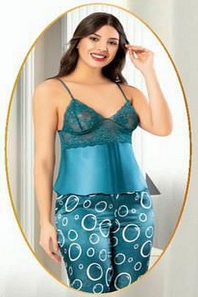 Xses 2152 Women's Satin Printed Dressing Gown Pajama Suit-Oil