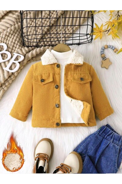 shop Palton unisex din catifea galbenă, cu închidere cu capse și detalii din ...