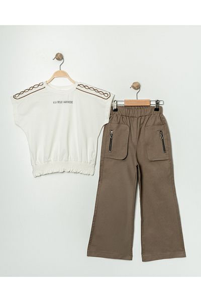 Pasur Bebe Girl's Elastic Waist, Shoulder Patterned Tee and Spanish Leg Trousers with Zipper Pocket, Double Set