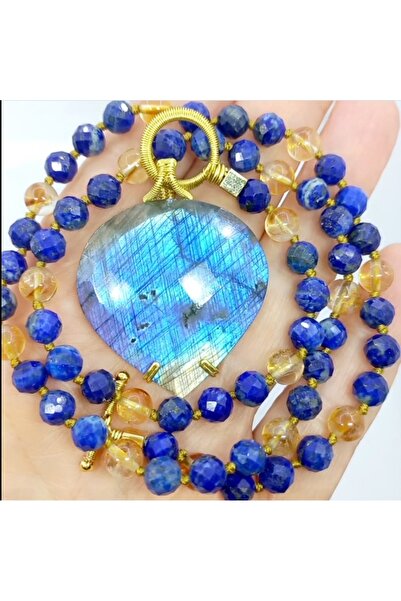 Sibelce 2168 Labradorit Lapis lazuli Sitrin el yapımı düğümlü kolye
