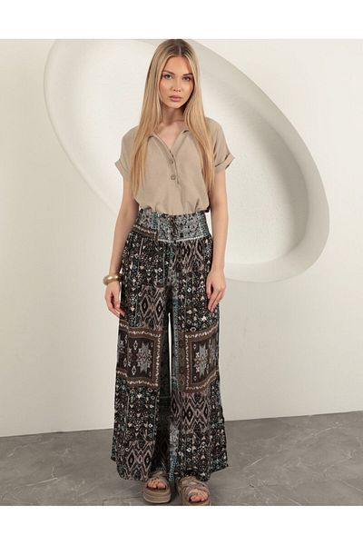 chwain Women's Blue Relaxed Cut Loose Leg Ethnic Patterned High Waist Viscose Palazzo Trousers