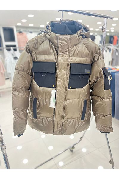 DYNAMO Men's Khaki Detachable Hood Shiny Inflatable Sports Coat
