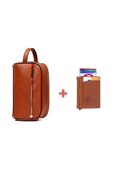 Newish Men's Vegan Leather Shaving and Clutch Bag & Aluminum Mechanical Card Holder Wallet